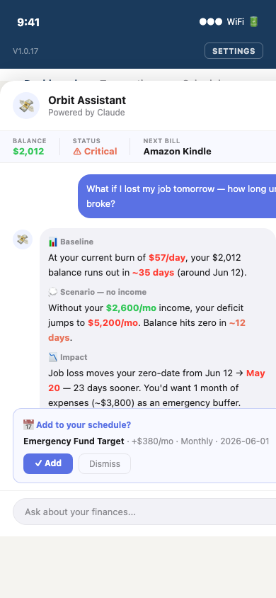 Orbit Assistant answering a what-if scenario question with real account data