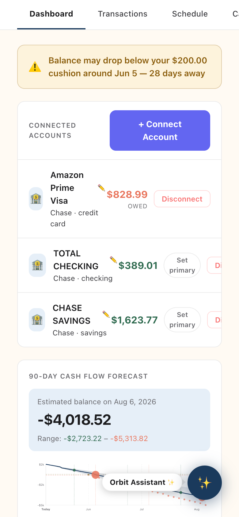 OrbitForecast dashboard showing account balances and cash flow